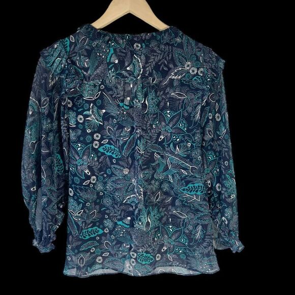 By Anthropologie Haida Blue/Green Ruffle Trim Floral Peasant Blouse Sz M - Picture 2 of 6